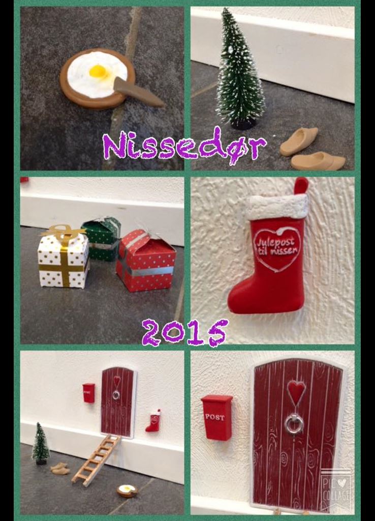 Billedcollage af et nisselandskab med en miniaturedør, et grantræ, små støvler, risengrød, små pakker og en julesok; alt sammen i mini-udgave